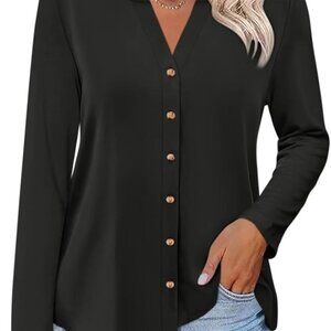 Brand New Women’s Long Sleeve Button Down Shirt in Black (Size M) with Cotton-Po